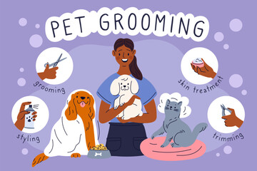 Pet grooming service poster. Animals beauty salon. Cartoon pretty dogs and cats. Professional hair care. Washing fur and claws cut. Woman with kittens and puppies. Garish vector concept
