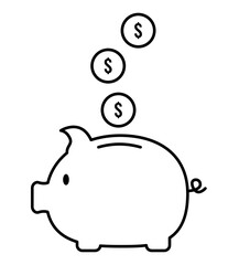 Piggy bank linear icon with coins on white background