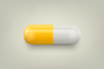 Vector 3d Realistic Yellow and White Pharmaceutical Medical Pill, Capsule, Tablet on White Background. Front View. Copy Space. Medicine, Health Concept