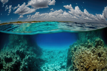 Ocean seen from a vertical low angle in Bonaire, the Caribbean. Generative AI