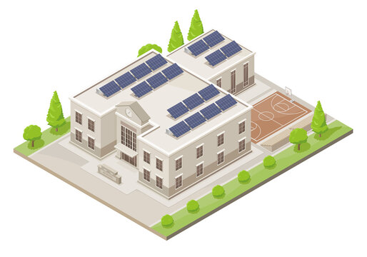 Solar Panels on Roof of School Government office ecology usd Solar cell Concept isometric isolated illustration cartoon