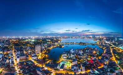 Panorama view of Hanoi city in blue hour twighlight 2022