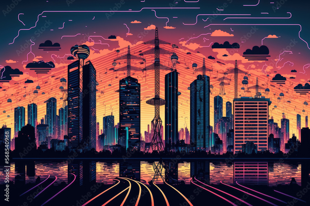 Poster concept of wireless network and connection technologies with an abstract background of bangkok in a 
