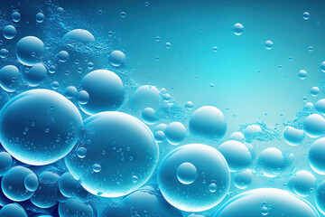Clear, transparent water surface texture in a transparent blue tone with bubbles, splashes, and ripples. background with abstract nature With copy space, sunlight and water waves emulsion micellar ton