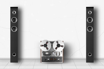 Home interior - Two tower loudspeaker and retro reel to reel tapes recorder enclosure white wall