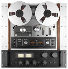 Vintage Music and sound - Retro reel to reel rack tapes recorder and Audio power amplifier isolated