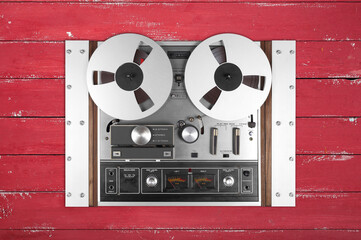 Vintage Music and sound - Retro reel to reel rack tapes recorder isolated red background