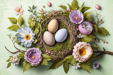 Colorful easter nest, with easter eggs. Generative ai