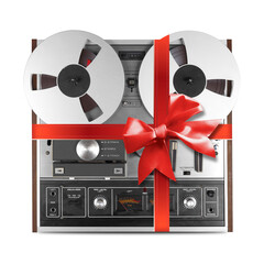 Vintage Music and sound - Retro reel to reel tapes recorder gift tied red bow, isolated