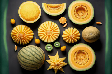 several various fresh melons in topview, some cut, flat laid. Generative AI