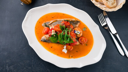 Baked dorado fish with shrimps, cherry tomatoes, herbs and sauce.