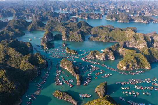 Aerial of Lan Ha bay in Ha Long Bay are, Cai Beo floating village