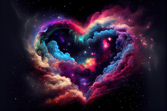 Abstract watercolor heart shaped galaxy. Fantasy view generative AI background