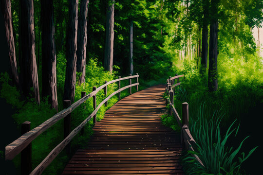 Vertical image of a made up wooden walkway in the woods with emerald trees and lush green grass on each side. Generative AI
