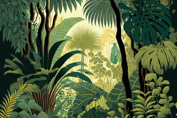 Fototapeta premium Illustration of tropical trees and foliage for digitally printed wallpaper with a bespoke pattern. Generative AI