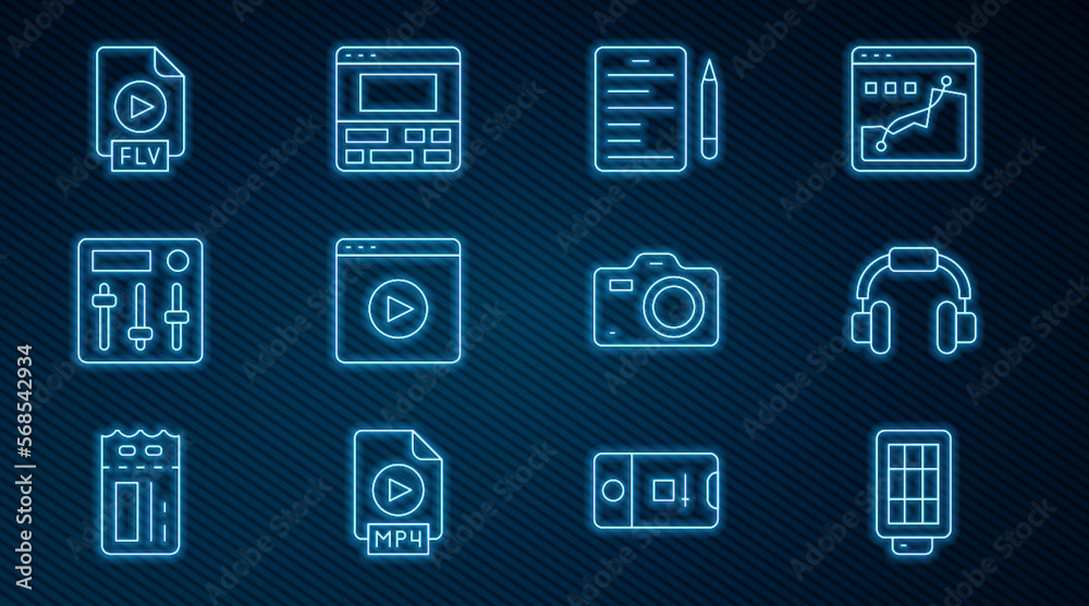 Wall mural Set line Softbox light, Headphones, Scenario, Online play video, Sound mixer controller, FLV file document, Photo camera and Video recorder laptop icon. Vector