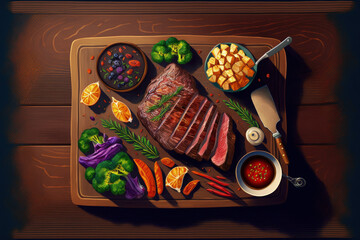 Overhead view of colorful roast vegetables, savory sauces and salt served with grilled t bone steak on a rustic wooden counter in a country steakhouse. Generative AI