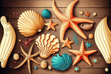 Shells and sea stars on a wooden background. Generative AI