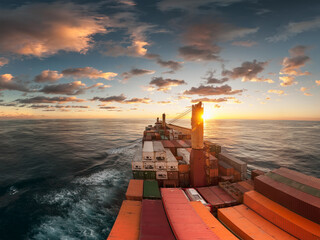 Large container vessel with cranes at the open sea or ocean. - obrazy, fototapety, plakaty