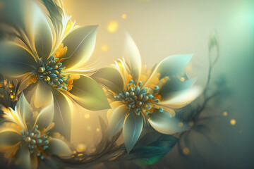 Floral background at green, yellow and golden color tones, copy space. Generative AI
