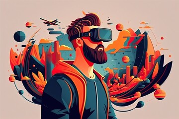VR and AR technology futuristic concept. Man wearing virtual reality glasses. AI generative flat style illustration.