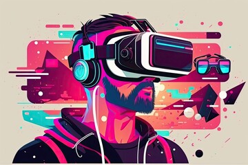 VR and AR technology futuristic concept. Man wearing virtual reality glasses. AI generative flat style illustration.