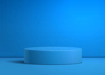 Empty blue podium or pedestal display on blue background. Cylinder stand concept. Blank product shelf standing mock up realistic vector