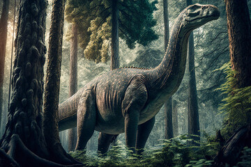 Dinosaur: a massive diplodocus stretching its long neck to feed, Generative AI - obrazy, fototapety, plakaty