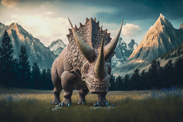 Fototapeta premium Dinosaur: Triceratops in a majestic grassland setting surrounded by tall mountains, Generative AI