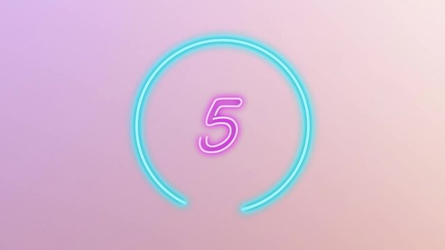 10 seconds blue turquoise and pink neon light countdown timer on pastel gradient bg. Animated circle shaped stylish smooth tailed line indicator. Bright neon light and fancy cute pop concept