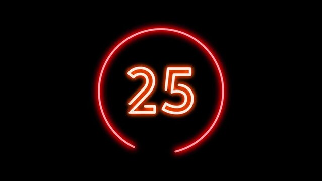 30 seconds red color neon light countdown timer on black background. Animated circle shaped stylish smooth tailed line indicator. Neon and shady nightlife concept