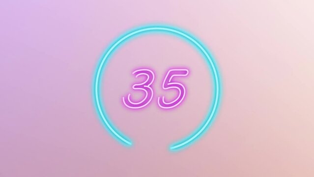 40 seconds blue turquoise and pink neon light countdown timer on pastel gradient bg. Animated circle shaped stylish smooth tailed line indicator. Bright neon light and fancy cute pop concept
