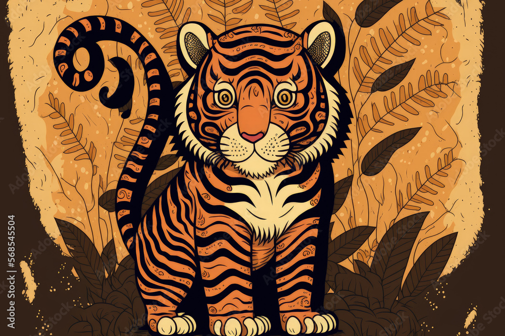 Canvas Prints Cute tiger created by hand. Cute cartoon tiger with striped background, hand drawn image. Generative AI