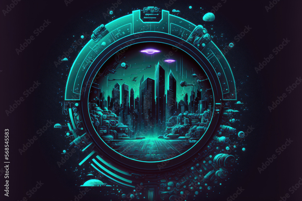 Wall mural Cyberpunk futuristic circle design for product presentation. Generative AI