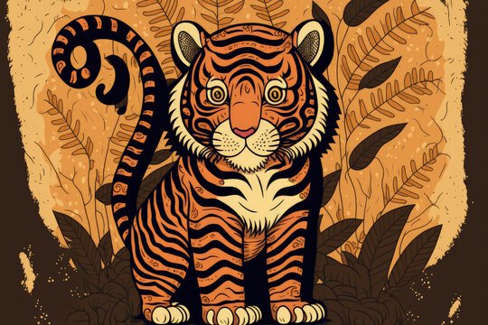 Cute tiger created by hand. Cute cartoon tiger with striped background, hand drawn image. Generative AI