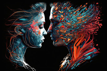 Man and Woman in Love Abstract Art, Man and Woman Face to Face Illustration, Soul Connection Painting, Binded Souls, Lovers Energy, Energetic Field, Twin Flame Power, Meditation, Connection, Beauty
