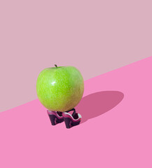 Granny Smith, yummy healthy green apple and female shoes. Amazing fashion food, fruit concept. Copy space.