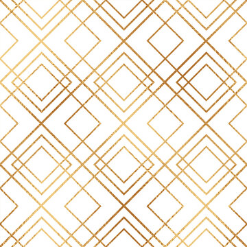 Gold geometric seamless pattern. Repeating fancy background. Abstract golden lattice for design prints. Repeated art deco texture. Elegant diamond shapes. Repeat luxury line. Vector illustration