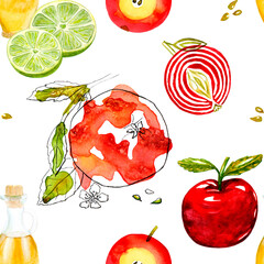Seamless pattern. Abstract juicy ripe red apples with green leaves on a twig, seeds. Half of a lime fruit, a slice. Olive oil, glass bottle. Fragrant citrus. Watercolor illustration, white background