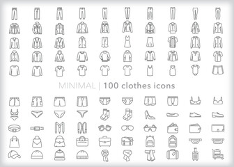 Set of 100 clothes line icons of shirts, pants, underwear and accessories for a well-stocked closet