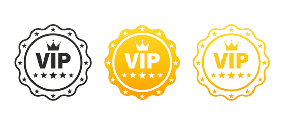 Obraz premium Set VIP badges in gold, silver and bronze color. Round label with three vip level. 1st, 2nd and 3rd ranking icon set. Vector illustration