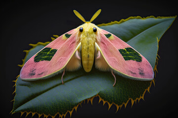 Pink, yellow and green moth on green leaf