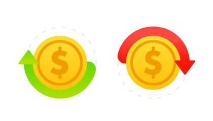 The price of the coin icon concept goes down and up. prices go down and up. Vector illustration