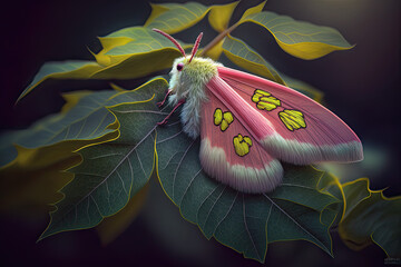 Pink, yellow and green moth on green leaf