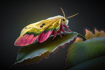 Pink, yellow and green moth on green leaf