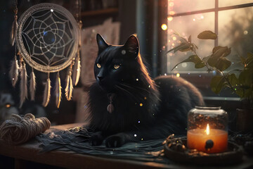 Mystery cat with dreamcatcher, witchcraft magic light wallpaper AI Generated