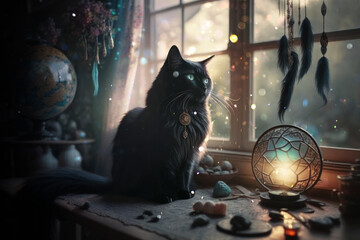 Mystery black cat with dreamcatcher, witchcraft magic light wallpaper AI Generated - 568549125