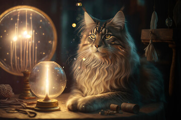 Mystery cat with dreamcatcher, witchcraft magic light wallpaper AI Generated