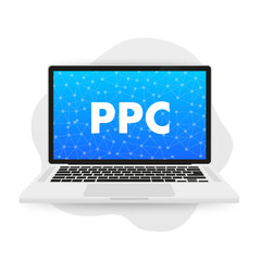 Pay per click PPC advertising online on a laptop. Marketing strategy for business promotion. Pay for the banner on the web page. Vector illustration
