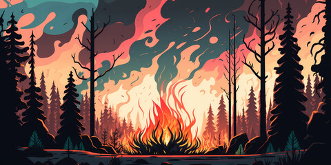 wild fire in the forest, colorful 2d illustration, generativ ai